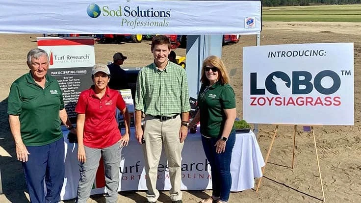 Left to right, NCSPA executive director Art Bruneau, Dr. Susana Milla-Lewis of NC State, Dr. Grady Miller of NC State and NCSPA president Linda Bradley at the Lobo Zoysiagrass release at the NCSPA Fall Field Day.