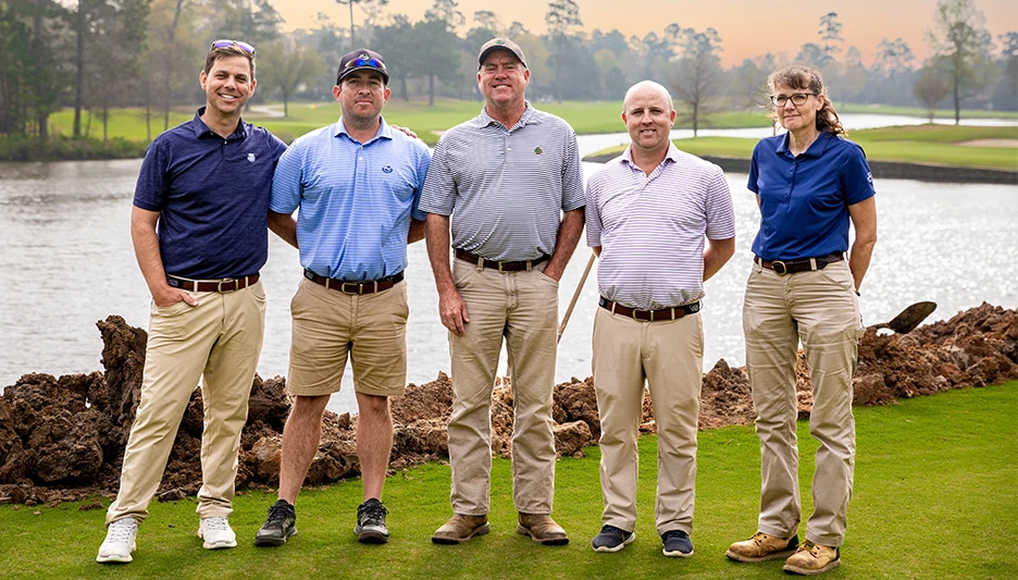 The Club at Carlton Woods turf management team from left: Tim Huber, Mark Schulze, Sam Marrow, Heath Wisdom and Deanna Berry.