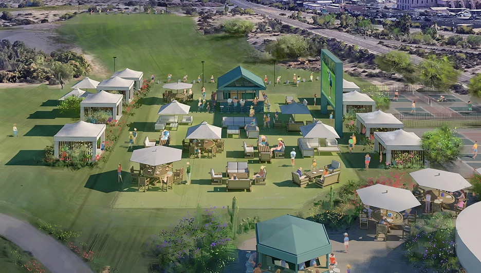 A rendering of the future Bird's Eye Great Lawn at Grass Clippings at Rolling Hills in Tempe, Arizona.